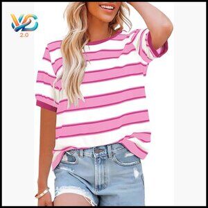 Cotton Striped Short Sleeve T-Shirt Loose Fit Crewneck Color Block Tee